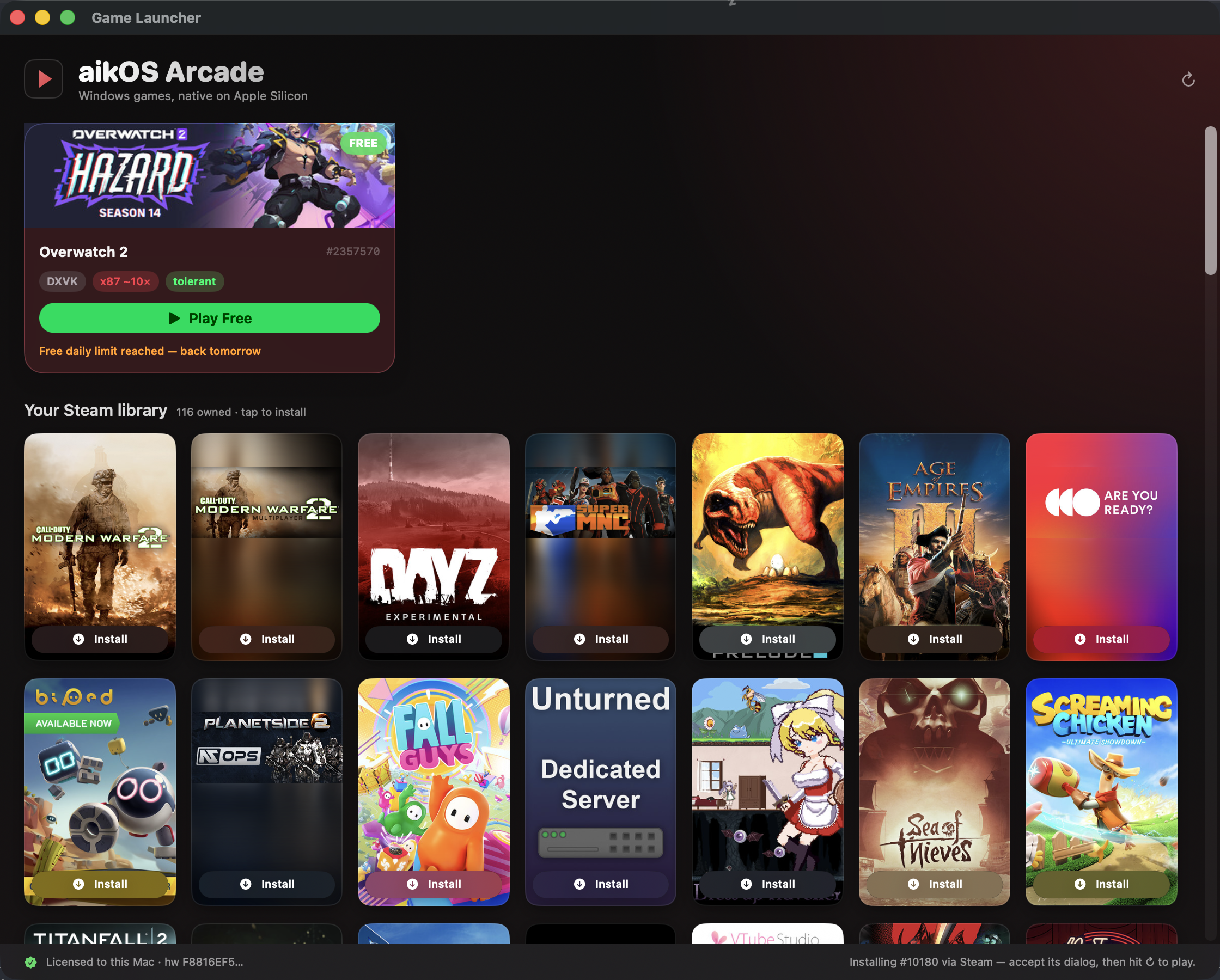 The aikOS Arcade launcher: an off-black window with a crimson-gradient game cover card, price badges, and a green Play Free button.